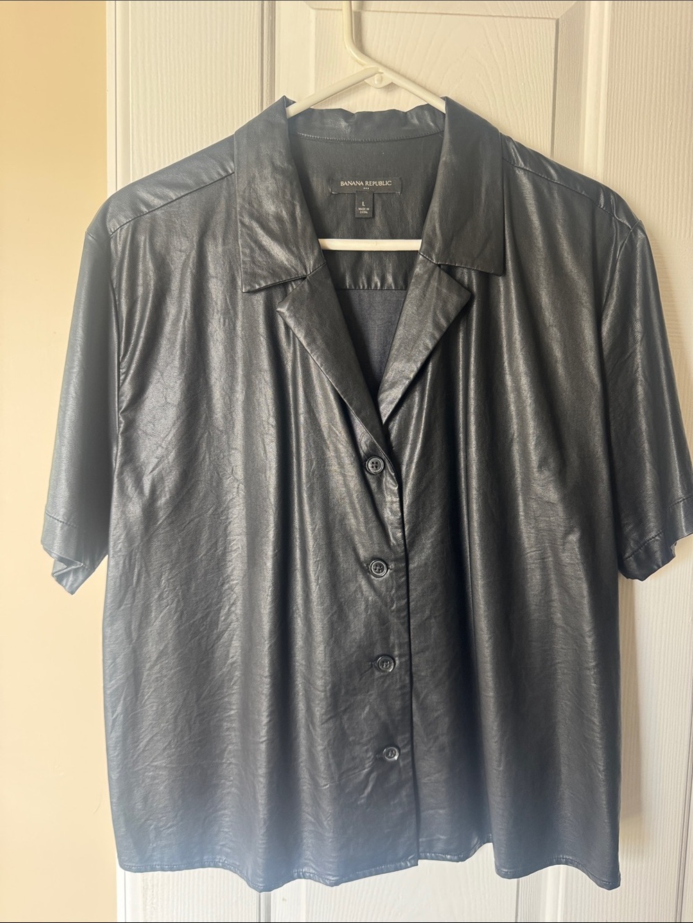 Banana Republic Black Short-Sleeve Faux Leather Button-Down Shirt